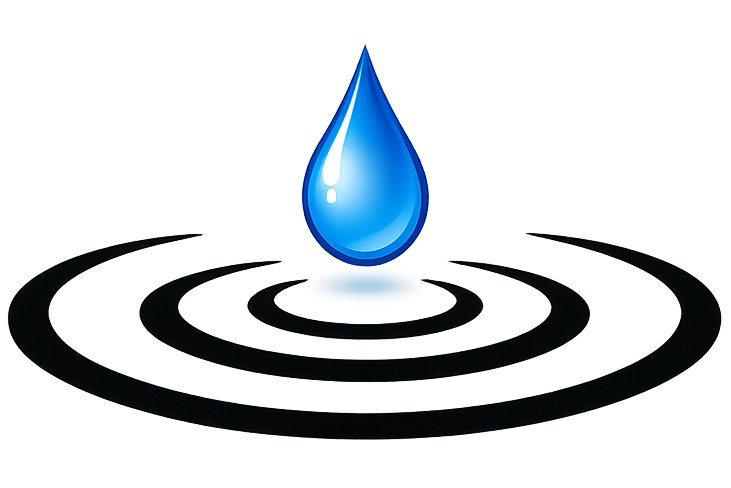 Blue water droplet with concentric circles on a white background