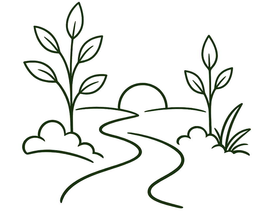 Simple line drawing of a winding path with plants on a white background